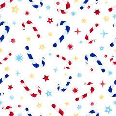 Set of seamless isolated Christmas patterns. Multicolored candy, stars.