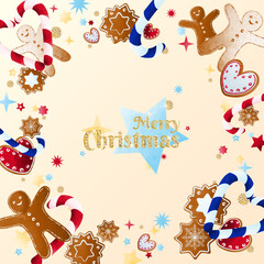 Naklejka premium Merry Christmas background with decorative sweets and confetti.