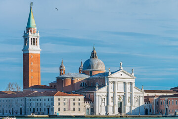 Fototapeta na wymiar San Giorgio Maggiore is a 16th-century Benedictine church, designed by Andrea Palladio, and built between 1566 and 1610. It is a basilica in the classical renaissance style. Venice, 2019