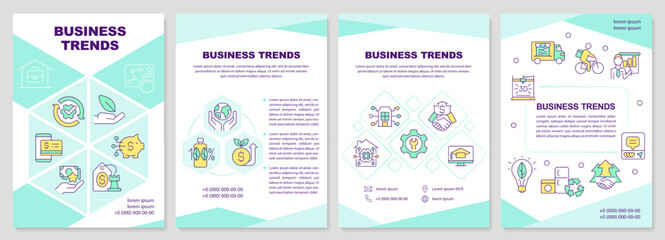 Fototapeta na wymiar Sustainable business trends turquoise brochure template. Leaflet design with linear icons. Editable 4 vector layouts for presentation, annual reports. Arial-Black, Myriad Pro-Regular fonts used