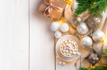 Christmas background with coffee with marshmallows, gifts and Christmas decorations. Merry Christmas, New Year. Top view, copy space