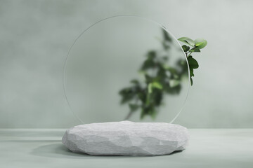 3D rendering abstract stone platform podium product presentation with plant and glass