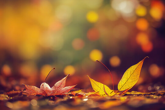 Beautiful autumn. Falling leaves. Natural background. Bright gold autumn time. Abstract image, non focus. 3d illustration.