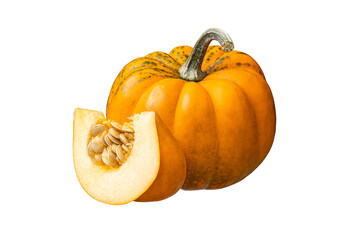 Whole orange pumpkin and slice of pumpkin isolated on white background. Clipping Path. Full Depth of field. Focus stacking - obrazy, fototapety, plakaty