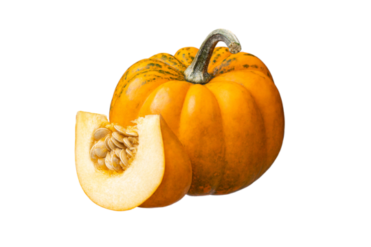 Whole orange pumpkin and slice of pumpkin isolated on white background. Clipping Path. Full Depth of field. Focus stacking