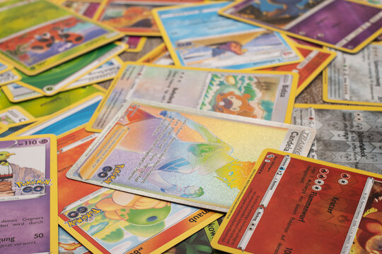 Pokemon trading cards, group of cards as background