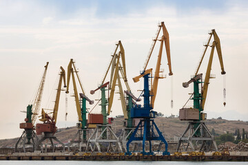 Fototapeta na wymiar Seven port cranes of different colors, against the sky, work in the seaport