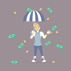 businessman holding umbrella with falling, floating money concept, flat vector illustration character cartoon design clip art