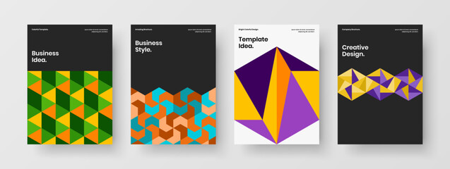 Abstract corporate identity A4 design vector concept bundle. Unique geometric hexagons handbill illustration set.
