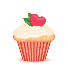Isolated Sweet Cupcake with Red Heart and Mint. Muffin with White Chocolate Frosting for a Romantic Celebration. Realistic Color Style. White background. Vector illustration for Valentine Day Holiday.