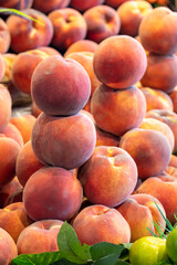 Peach on the market counter. Pile of ripe peaches