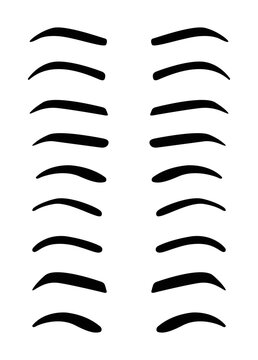 Isolated Beautiful Womens Black Eyebrows in Different Shapes. Set. White and Black Color. Template. Flat Simple Style. White background. Vector illustration.