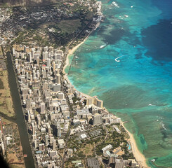 Aerial view of Honolulu when landing at airport..