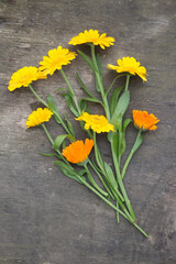 Bunch of yellow and orange flowers on old wooden board. Rustic background. Top view.