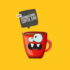 International coffee day cute illustration with happy red coffee cup character and greeting text isolated on yellow background. World Coffee day cartoon poster, print, label sticker, funny banner