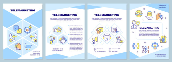 Fototapeta na wymiar Telemarketing blue brochure template. Sales with phone calls. Leaflet design with linear icons. Editable 4 vector layouts for presentation, annual reports. Arial-Black, Myriad Pro-Regular fonts used
