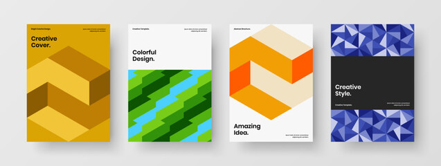 Fototapeta premium Bright geometric tiles magazine cover illustration composition. Clean company brochure A4 vector design layout bundle.