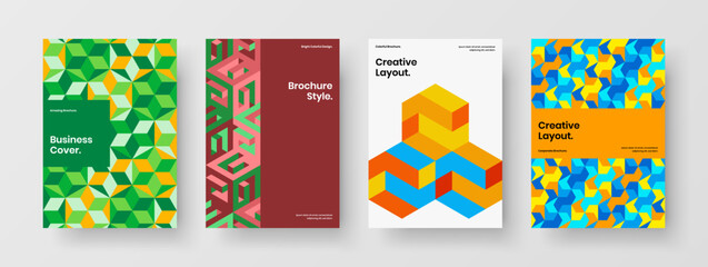 Modern postcard A4 design vector template bundle. Original mosaic hexagons journal cover concept set.