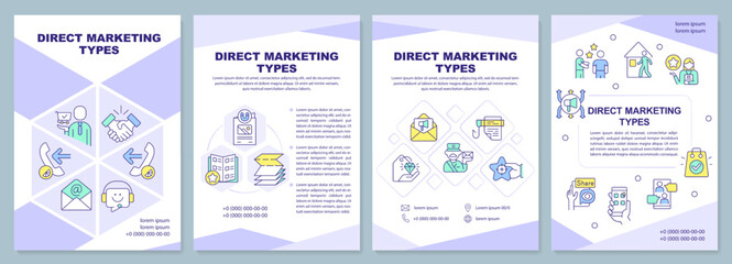 Fototapeta na wymiar Direct marketing types purple brochure template. Advertisement. Leaflet design with linear icons. Editable 4 vector layouts for presentation, annual reports. Arial-Black, Myriad Pro-Regular fonts used