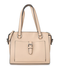 Front view of beige leather handbag