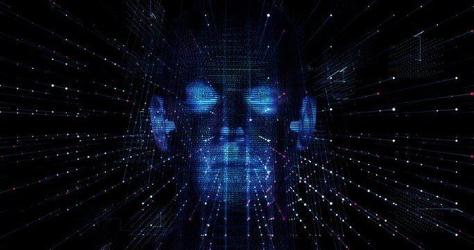 Artificial Intelligence Abstract Human Face. Deep Learning In Progress. Technology And Science Related 3D 4K Animation Concept