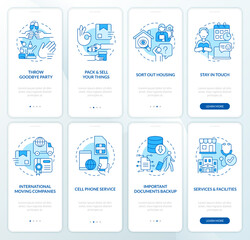 Prepare to move abroad blue onboarding mobile app screen set. Relocate walkthrough 4 steps editable graphic instructions with linear concepts. UI, UX, GUI template. Myriad Pro-Bold, Regular fonts used
