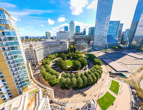 Aerial view of skyscrappers of the Canary Wharf, the business district of London on the Isle of Dogs