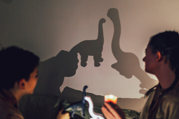 Brother and sister playing with shadows at home.