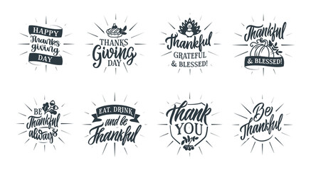 The set of lettering phrases Thanksgiving day with rays