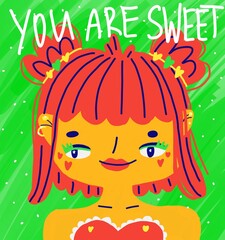 Funny colorful portrait of abstract girl and typography You are sweet. Vibrant illustration for motivational cards, posters, prints. Self love theme for woman and female