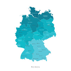 Vector isolated illustration. Simplified administrative map of Germany. Blue shapes of regions. Names of deutsch cities and provinces. White background.