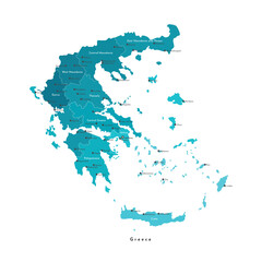 Vector isolated illustration. Simplified administrative map of Greece (Hellenic Republic). Blue shapes on white background. Names of greek cities and regions