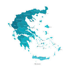 Obraz premium Vector isolated illustration. Simplified administrative map of Greece (Hellenic Republic). Blue shapes on white background. Names of greek cities and regions