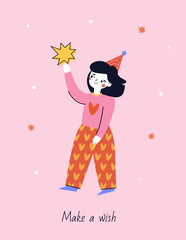 Cartoon girl in birthday party hat hold star. Greeting card template with typography make a wish. vector illustration for posters, prints, celebrations