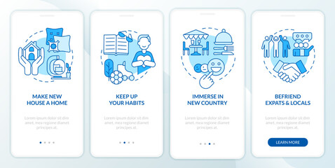 Combat homesickness tips blue onboarding mobile app screen. Abroad walkthrough 4 steps editable graphic instructions with linear concepts. UI, UX, GUI template. Myriad Pro-Bold, Regular fonts used