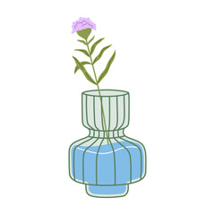 Purple flower in glass vase. Spring blooming plant for decoration. Hand drawn colored vector illustration isolated on white background. Trendy flat cartoon style