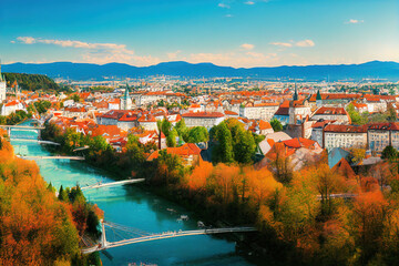 Fototapeta na wymiar Ljubljana Beautiful cities of Europe charming capital of Slovenia panoramic view with castle and Triple Bridge , style U1 1
