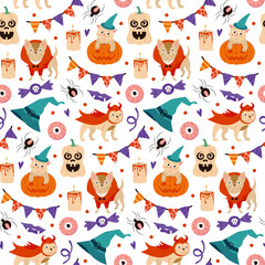 cute french bulldog puppy in halloween costume seamless pattern eps10 vectors illustration. Cats and dogs halloween seamless pattern