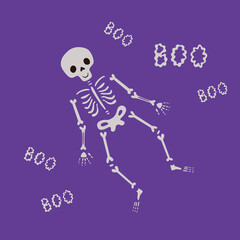 Happy cartoon skeleton, simple flat illustration. Cute Halloween clipart graphics