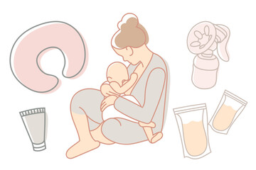 Breastfeeding illustration collection, mother feeding a baby with accessories. Breast pump, milk container, nipple cream, pillow for feeding. Concept vector illustration in flat style and pastel color