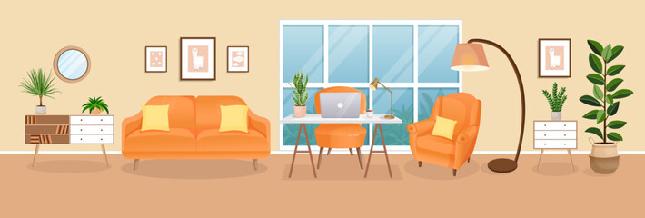Design of a cozy room for working from home. Office with computer, workplace room, cabinet. Modern living room interior with furniture and house plants. Vector flat style illustration.