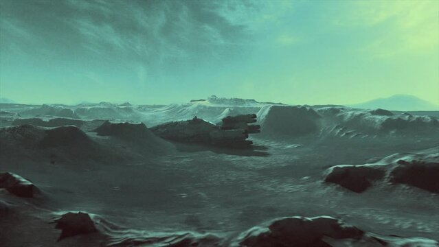 High quality cinematic 3D CGI render of alien landscape scene flyover with the vast hulk of a crashed derelict spaceship, dead and long abandoned on the valley floor, in alien blue green color scheme