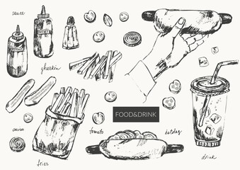Hand drawn ink sketch of food and drink objects