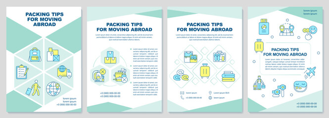Naklejka na ściany i meble Packing tips for moving abroad mint brochure template. Baggage. Leaflet design with linear icons. Editable 4 vector layouts for presentation, annual reports. Arial-Black, Myriad Pro-Regular fonts used
