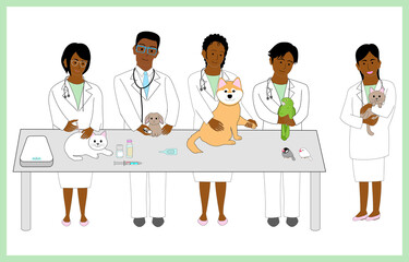 A group of black American veterinarians with animals at an animal hospital