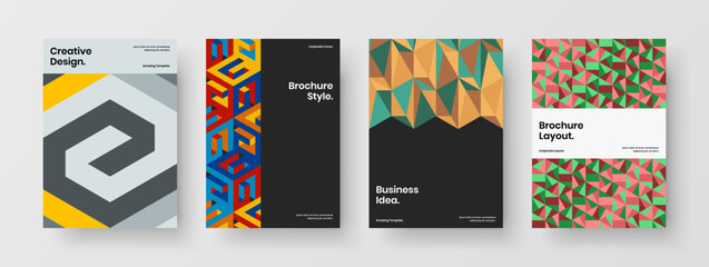 Bright mosaic hexagons corporate brochure template collection. Unique postcard vector design concept set.