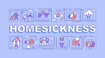 Homesickness word concepts purple banner. Feeling lonely abroad. Infographics with editable icons on color background. Isolated typography. Vector illustration with text. Arial-Black font used