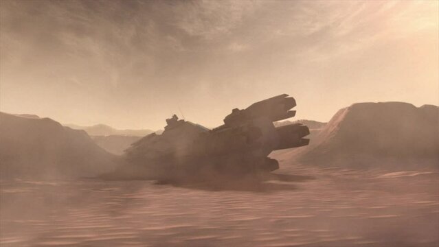 High quality cinematic 3D CGI render of the ruined hulk of a crashed derelict spaceship, dead and long abandoned on the valley floor of this mars landscape, in martian red color scheme