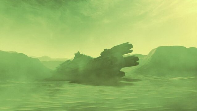 High quality cinematic 3D CGI render of the ruined hulk of a crashed derelict spaceship, dead and long abandoned on the valley floor of this alien landscape, in green color scheme
