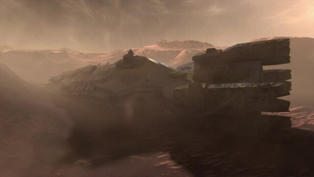 High quality cinematic 3D CGI render of the vast hulk of a crashed derelict spaceship, dead and long abandoned on the valley floor of this mars landscape, in martian red color scheme